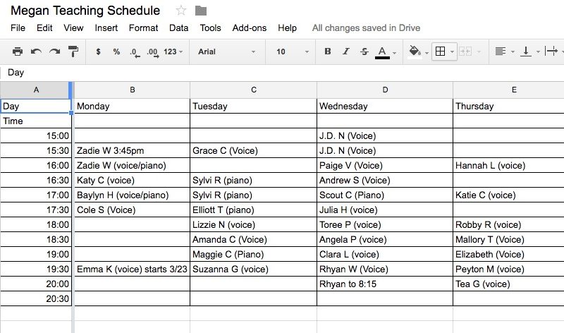 Private Music Studio Teaching Schedule