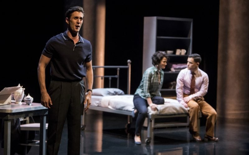 Hadleigh Adams as Hawkins Fuller, Adriana Zabala as Mary Johnson, and Andres Acosta as Timothy Laughlin in the Minnesota Opera production of Fellow Travelers. Photo Credit: Dan Norman